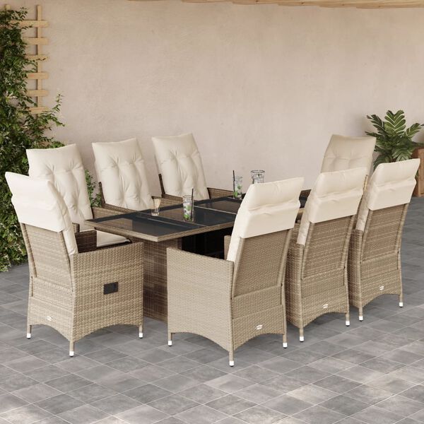 vidaXL 9-tlg. Garten-Essgruppe mit Kissen Beige Poly Rattan