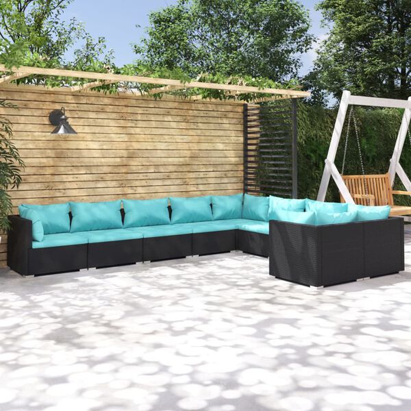 vidaXL 9-tlg. Garten-Lounge-Set mit Kissen Poly Rattan Schwarz
