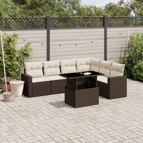 vidaXL 7-tlg. Garten-Sofagarnitur mit Kissen Braun Poly Rattan