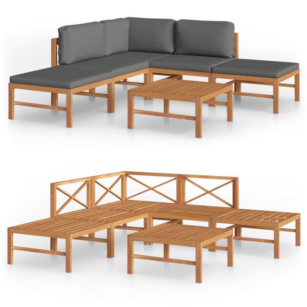 vidaXL 6-tlg. Garten-Lounge-Set mit Grauen Kissen Massivholz Teak