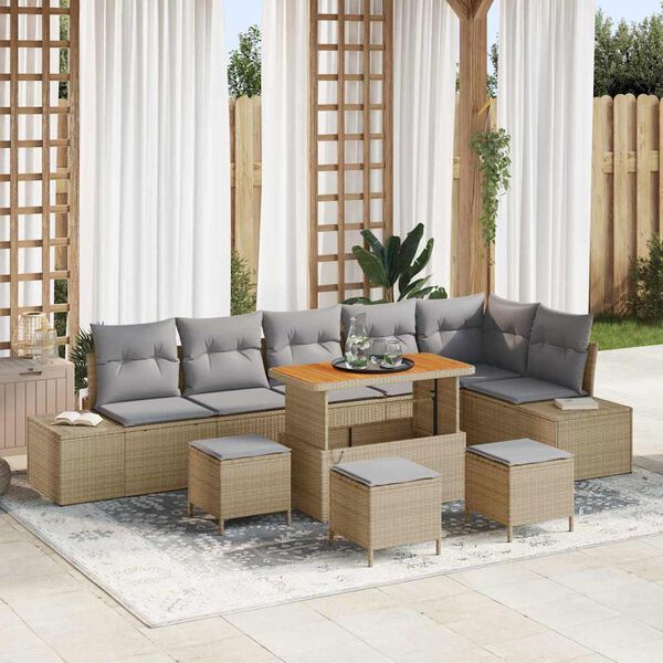 vidaXL Gartensofa-set mit Kissen mit Speicher 10 pcs Beige Poly Rattan