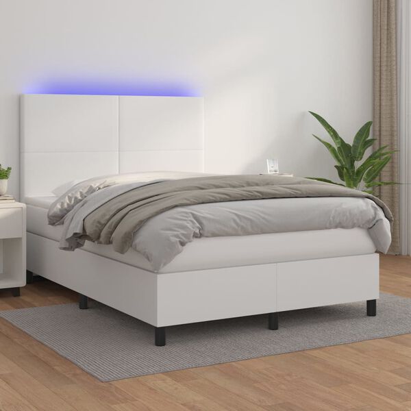 vidaXL Boxspringbett mit Matratze & LED Wei&szlig; 140x190 cm Kunstleder