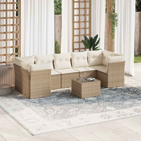 vidaXL 8-tlg. Garten-Sofagarnitur mit Kissen Beige Poly Rattan