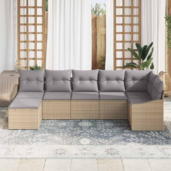 vidaXL Garten-Sofa-Set mit Kissen 7 pcs Beige und Hellgrau Poly-Rattan
