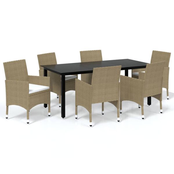 vidaXL 7-tlg. Garten-Essgruppe mit Kissen Poly Rattan Beige
