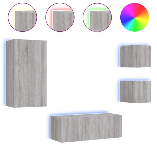 vidaXL 5-tlg. Wohnwand mit LED-Beleuchtung Grau Sonoma Holzwerkstoff