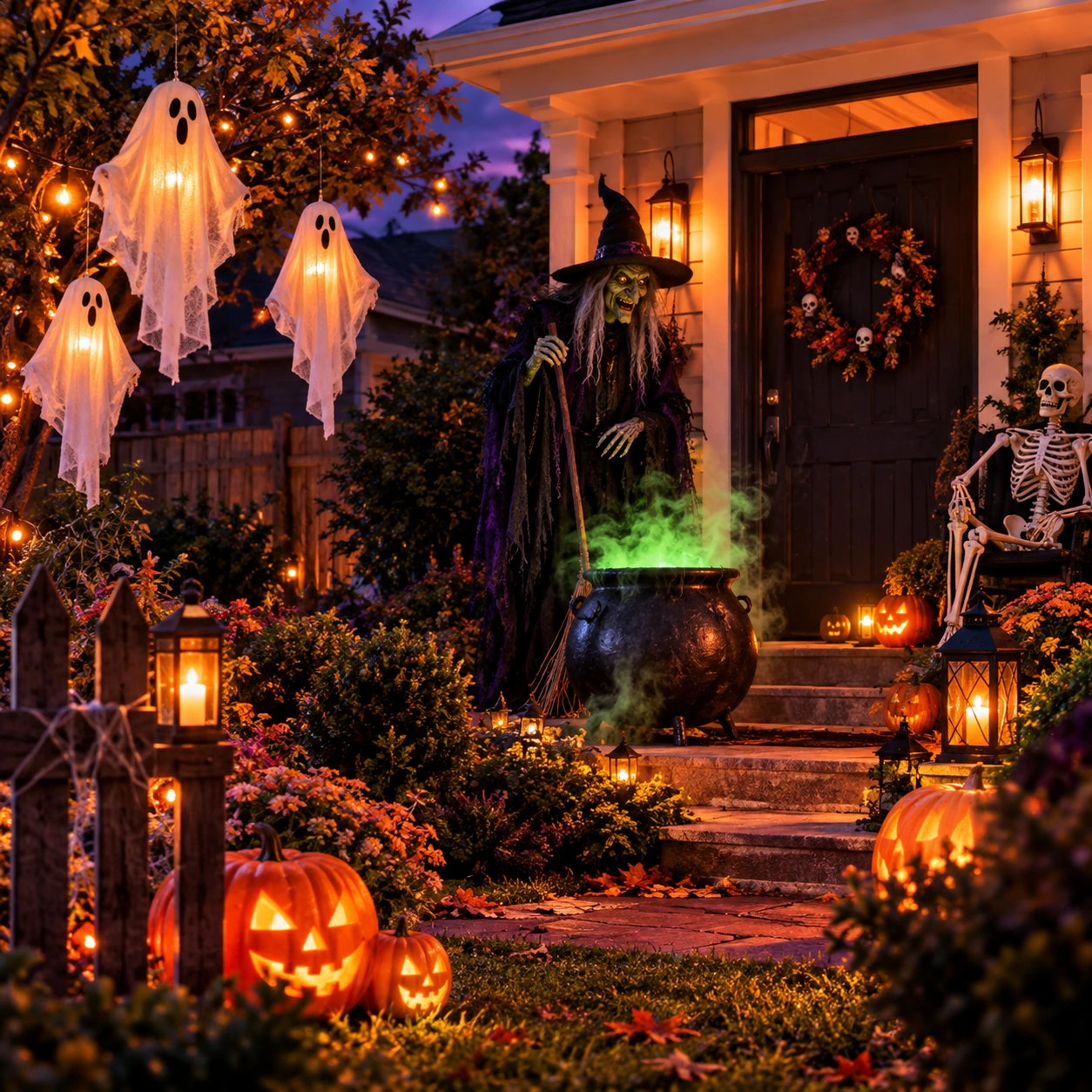 Halloween-Veranda mit einer Hexe, Geistern und leuchtenden Kürbissen