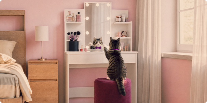 Katze sitzt an einem Schminktisch mit Aufbewahrungsregalen in einem rosa Schlafzimmer.