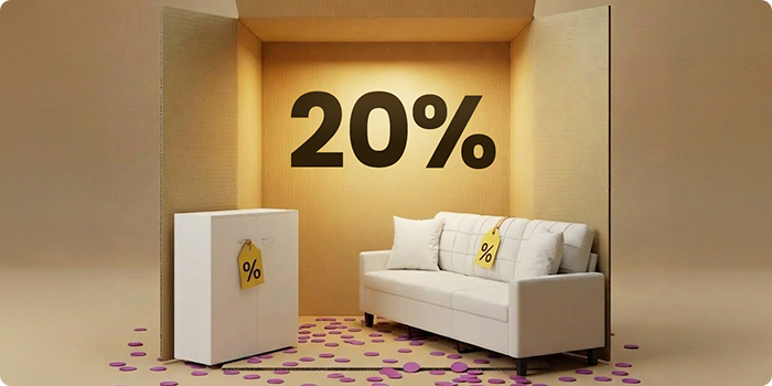 Wohnzimmereinrichtung mit weißem Sofa und weißem Aufbewahrungsschrank in einer Box-Darstellung, mit 20% Rabatt auf Wohnzimmermöbel.