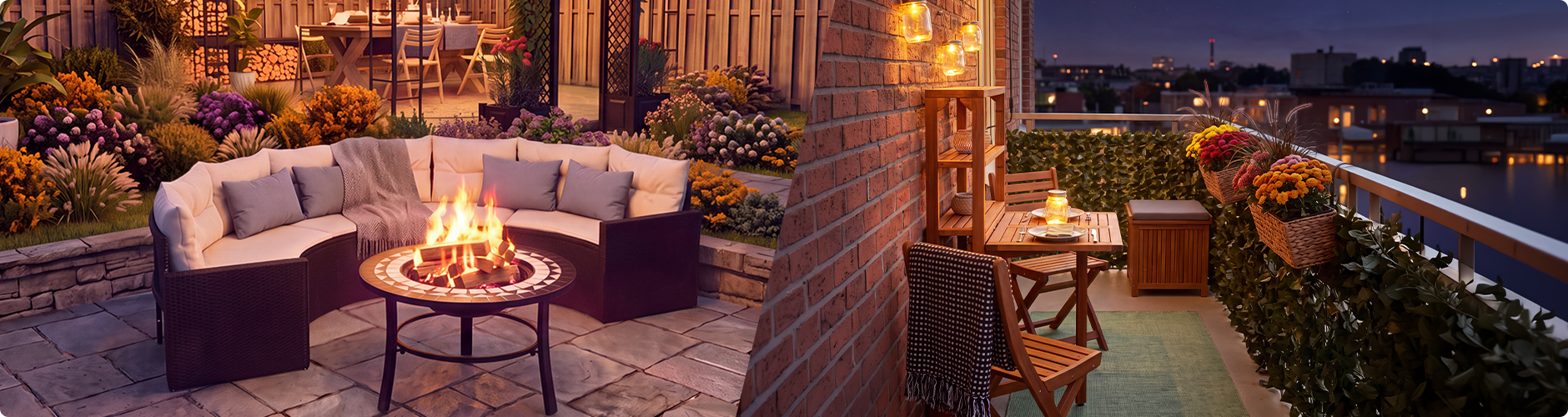 Gemütliche Wohnbereiche im Freien in der Dämmerung: auf einer Seite ein Garten-Lounge-Set mit Feuerstelle und ein Pavillon voller Blumen, auf der anderen ein dekorierter Balkon mit Holzmöbeln, Laternenlicht und Topfblumen mit Blick auf die Skyline der Stadt.