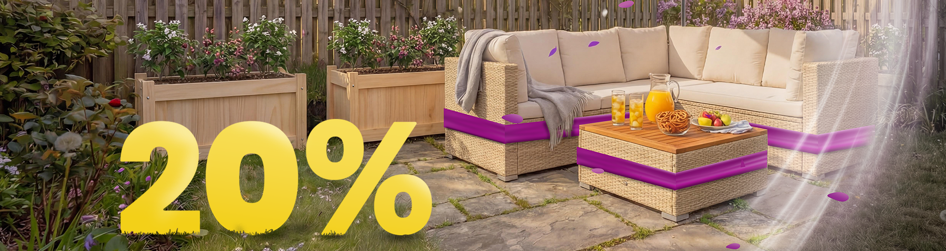 Holz-Gartensofa mit beigen Polstern und Tisch unter Sonnenschirm auf sonniger Terrasse, umgeben von Blumen und Zaun, mit Banner zur Frühlingsaktion 20 %.