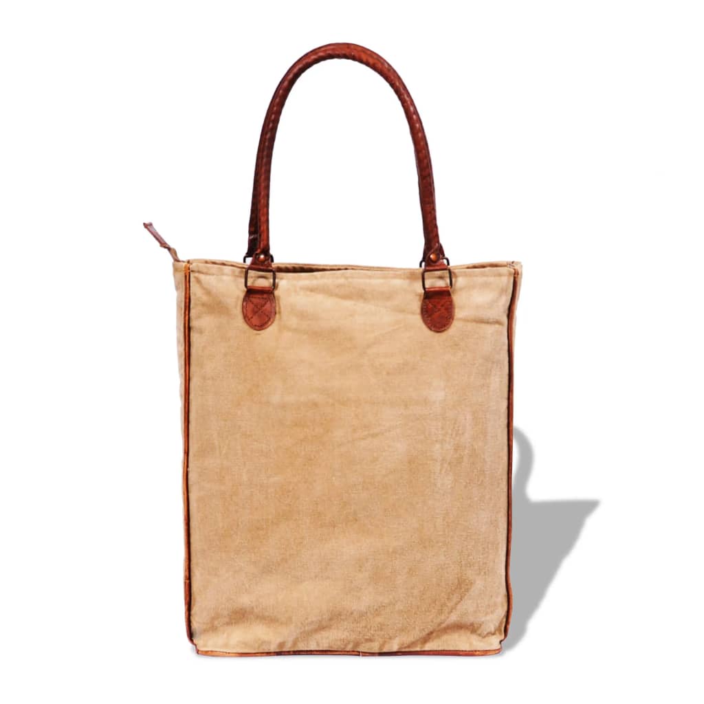 Canvas Echtleder Shopper Tasche Handtasche mit Schnalle beige