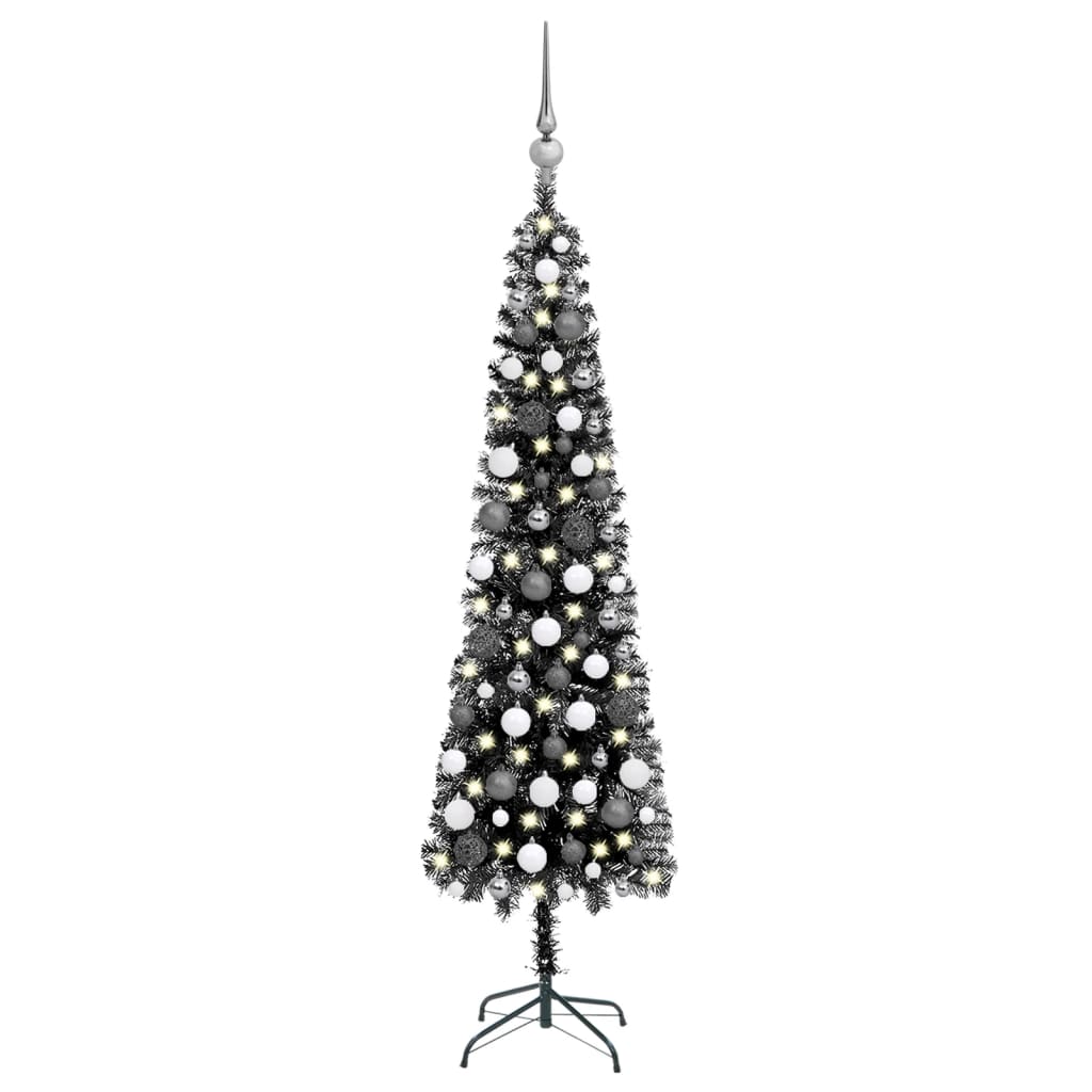 vidaXL Weihnachtsbaum Schlank mit Beleuchtung & Kugeln Schwarz 210 cm