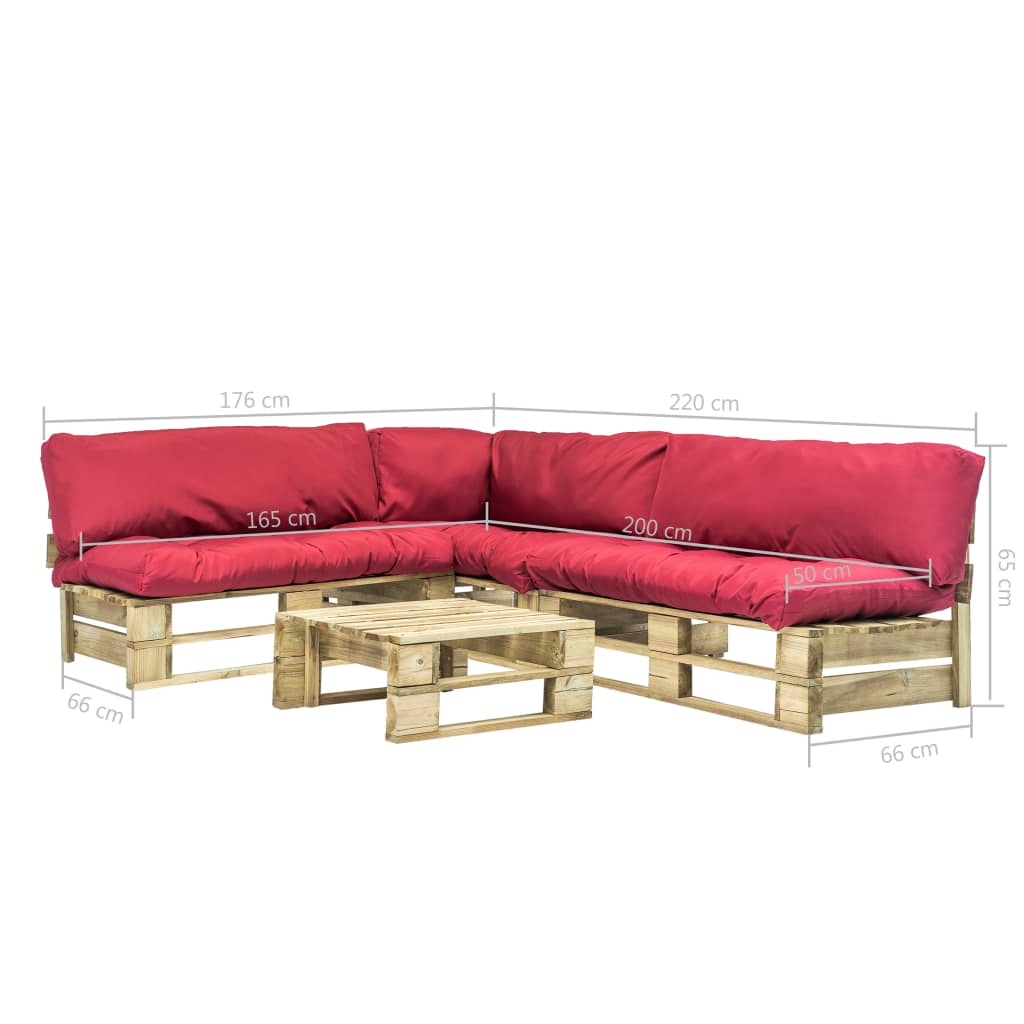 vidaXL 4-tlg. Outdoor-Lounge-Set Paletten mit Kissen in Rot Holz