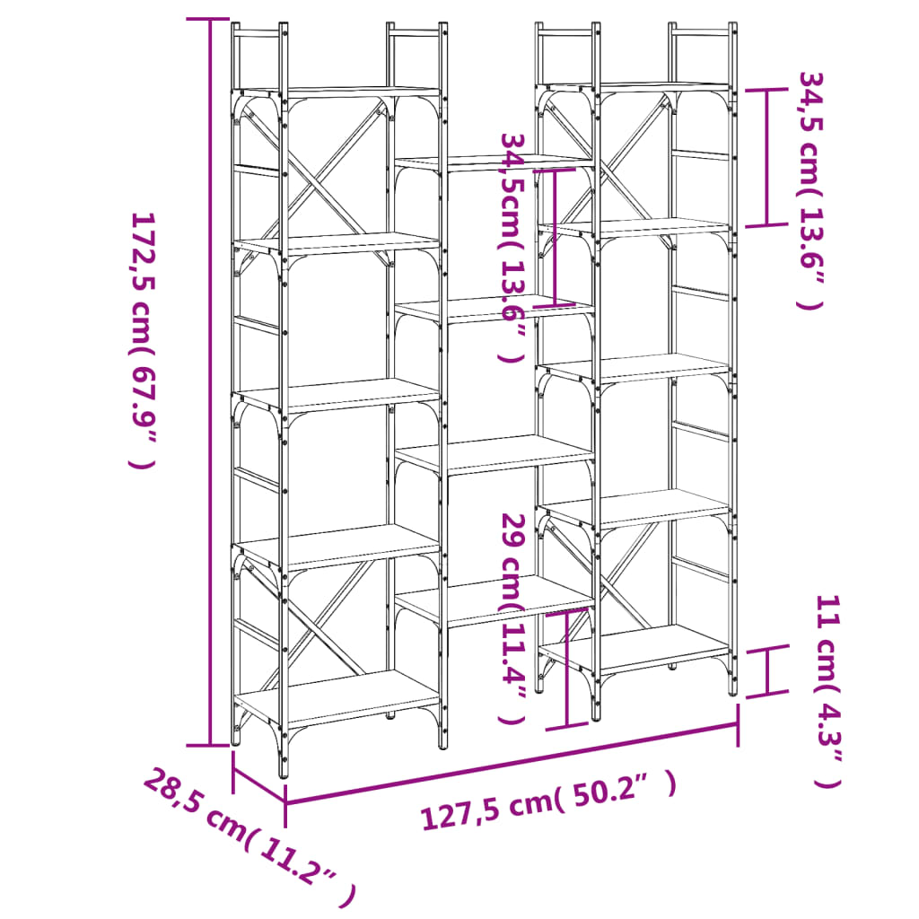 vidaXL Bücherregal Sonoma-Eiche 127,5x28,5x172,5 cm Holzwerkstoff