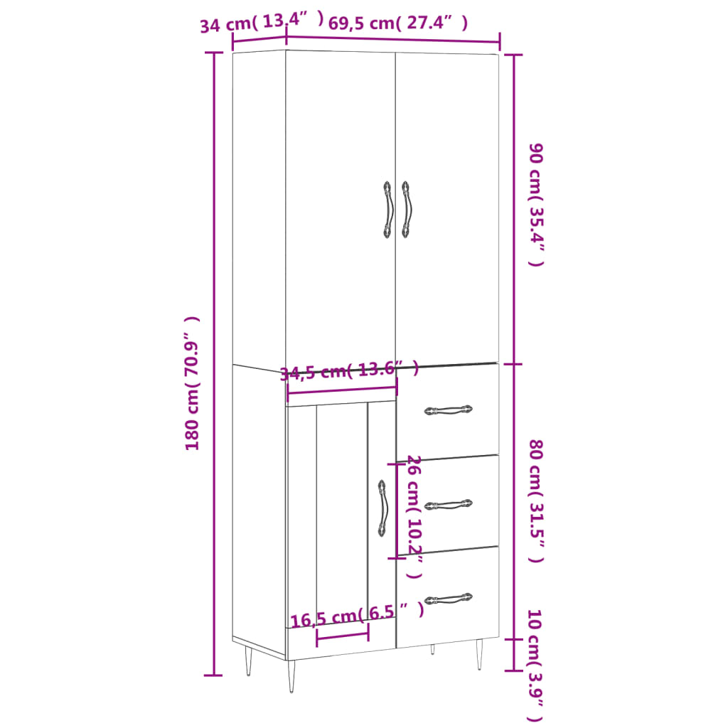 vidaXL Highboard Sonoma-Eiche 69,5x34x180 cm Holzwerkstoff