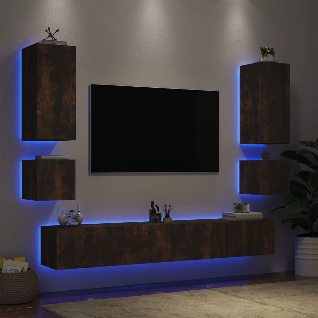 vidaXL 6-tlg. TV-Wohnwand mit LED-Leuchten Räuchereiche