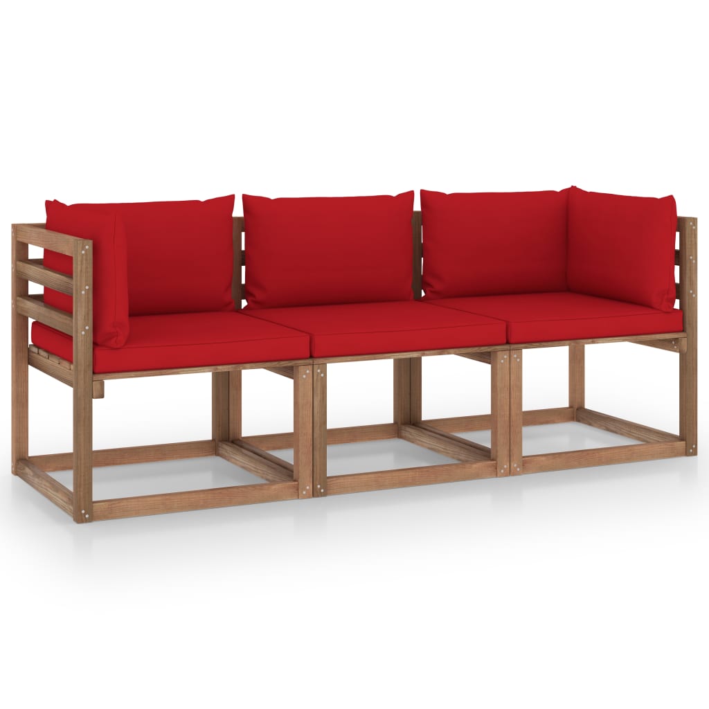 vidaXL Garten-Palettensofa 3-Sitzer mit Kissen in Rot Kiefernholz