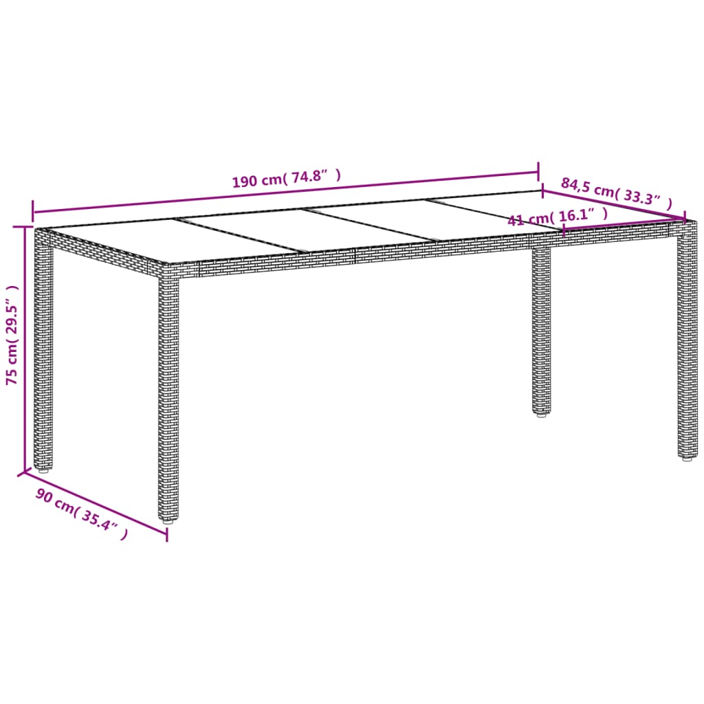 vidaXL Gartentisch mit Glasplatte Weiß 190x90x75 cm Poly Rattan