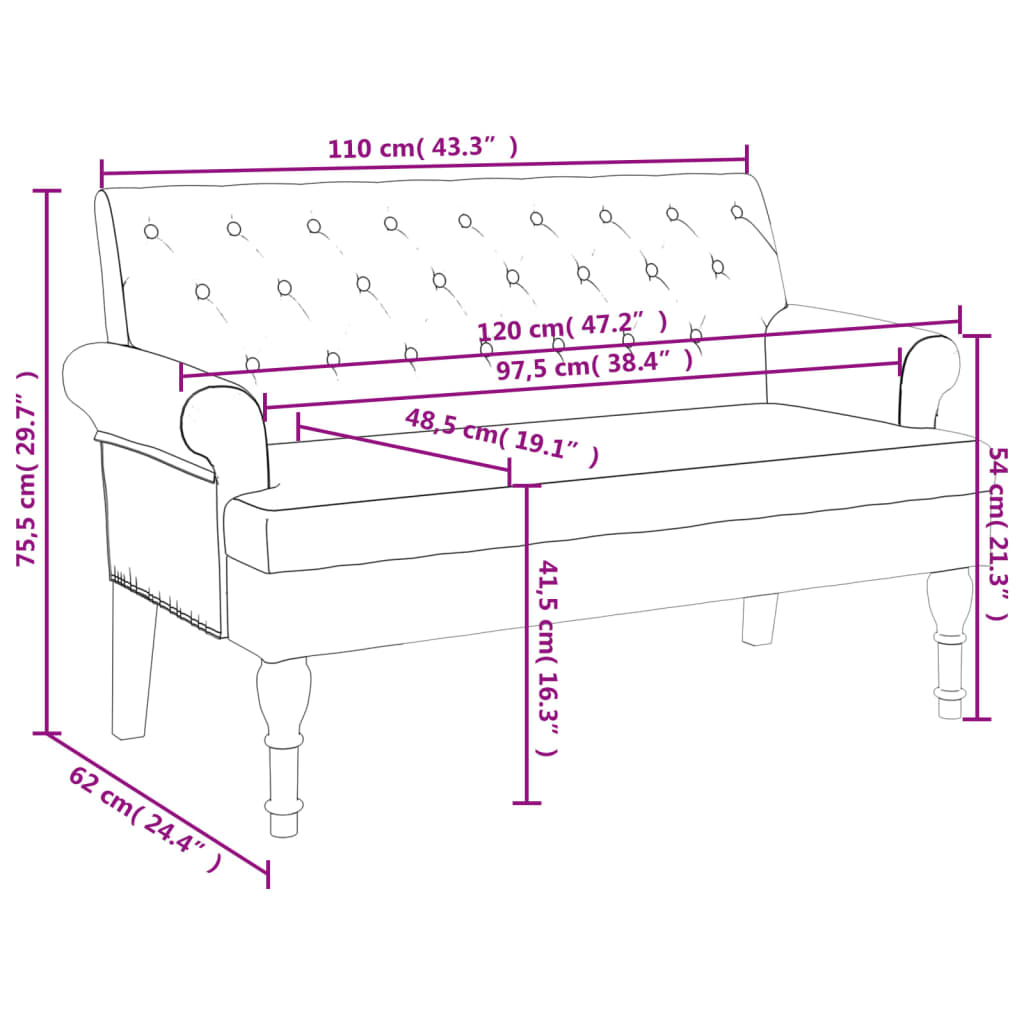 vidaXL Sitzbank mit Rückenlehne Schwarz 120x62x75,5 cm Stoff