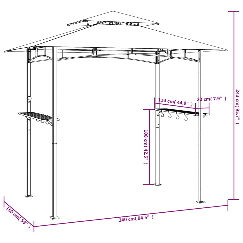 vidaXL Grillpavillon mit Seitenregalen Anthrazit 240x150x243 cm Stahl