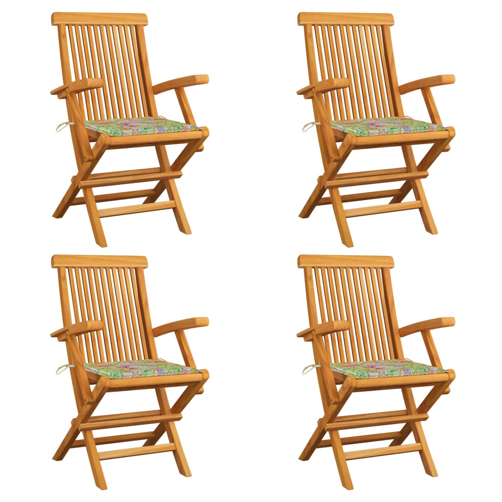 vidaXL Gartenstühle mit Blattmuster-Kissen 4 Stk. Massivholz Teak