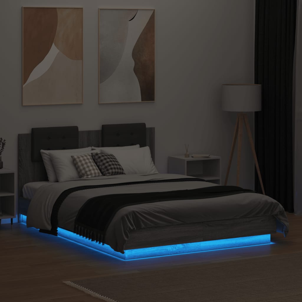 vidaXL Bettgestell mit Kopfteil & LED-Leuchten Grau Sonoma 140x190 cm