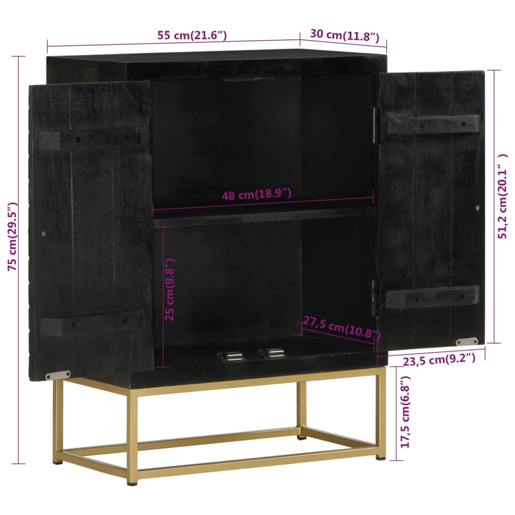 vidaXL Sideboard mit 2 Türen Schwarz Gold 55x30x75 cm Massivholz Mango
