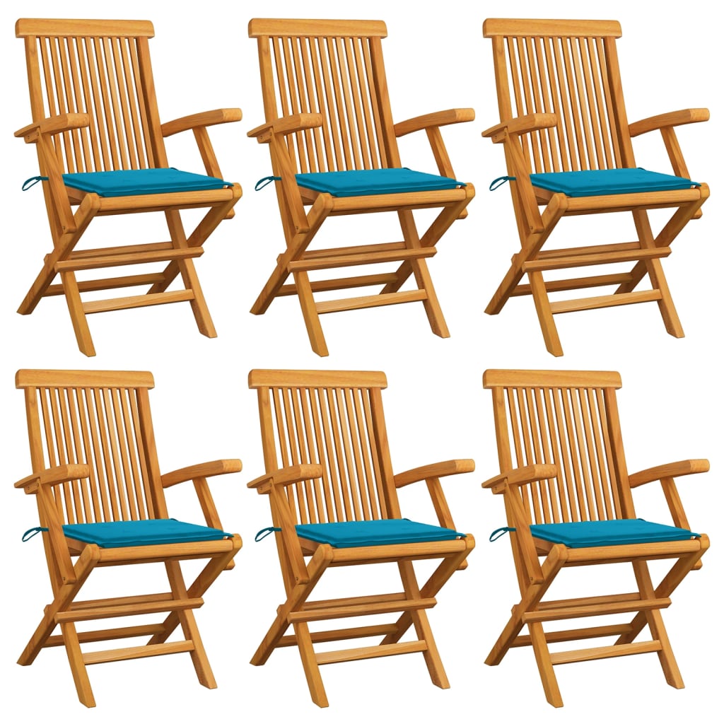 vidaXL Gartenstühle mit Blauen Kissen 6 Stk. Massivholz Teak