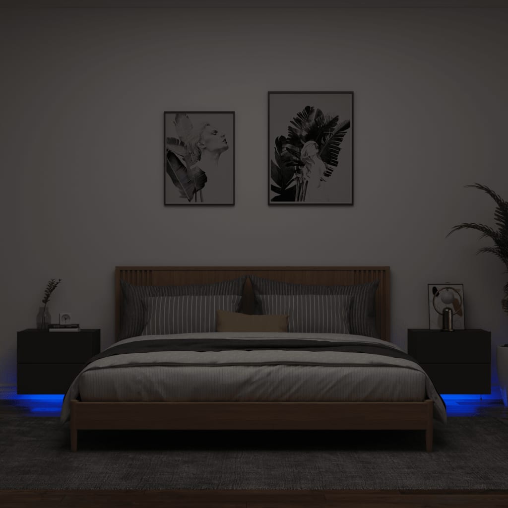 vidaXL Wand-Nachttische mit LED-Leuchten 2 Stk. Schwarz
