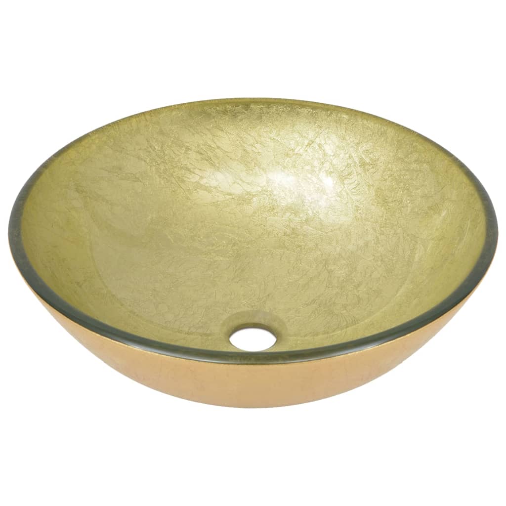 vidaXL Badezimmer Waschbecken mit Wasserhahn und Ablaufgarnitur Gold gehärtetes Glas