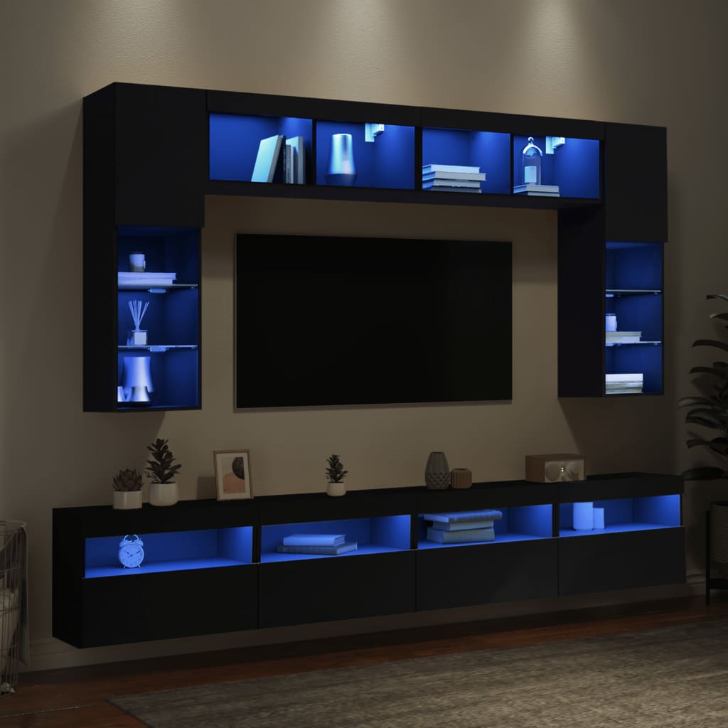 vidaXL 8-tlg. TV-Wohnwand mit LED-Leuchten Schwarz
