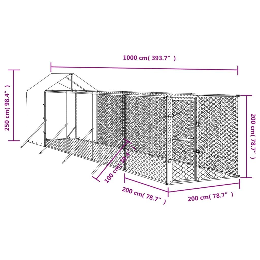 vidaXL Outdoor-Hundezwinger mit Dach Silbern 2x10x2,5 m Stahl Verzinkt