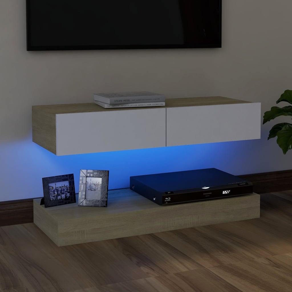 vidaXL TV-Schrank mit LED-Leuchten Weiß Sonoma-Eiche 90x35 cm