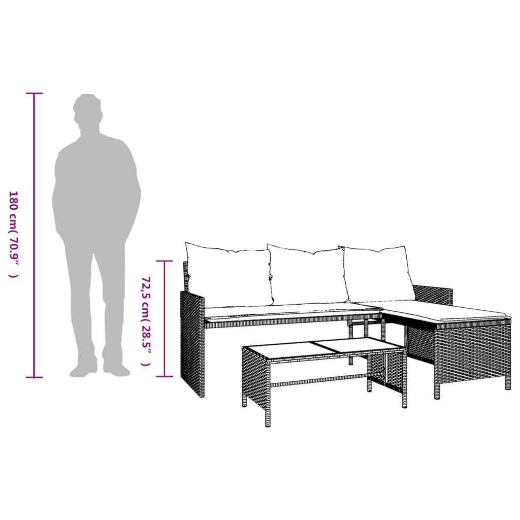 vidaXL Gartensofa in L-Form mit Tisch und Kissen Braun Poly Rattan