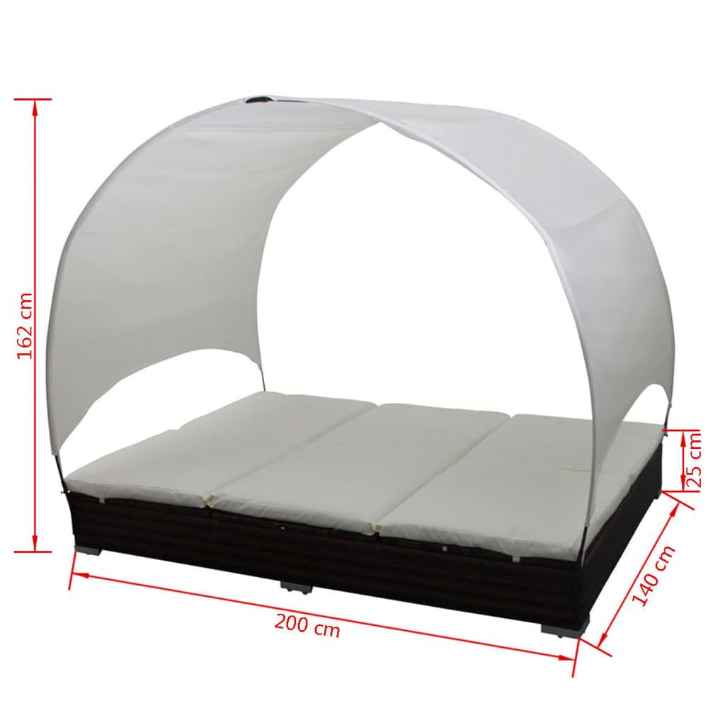 vidaXL Outdoor-Bett mit Dach und Auflagen Poly Rattan Braun