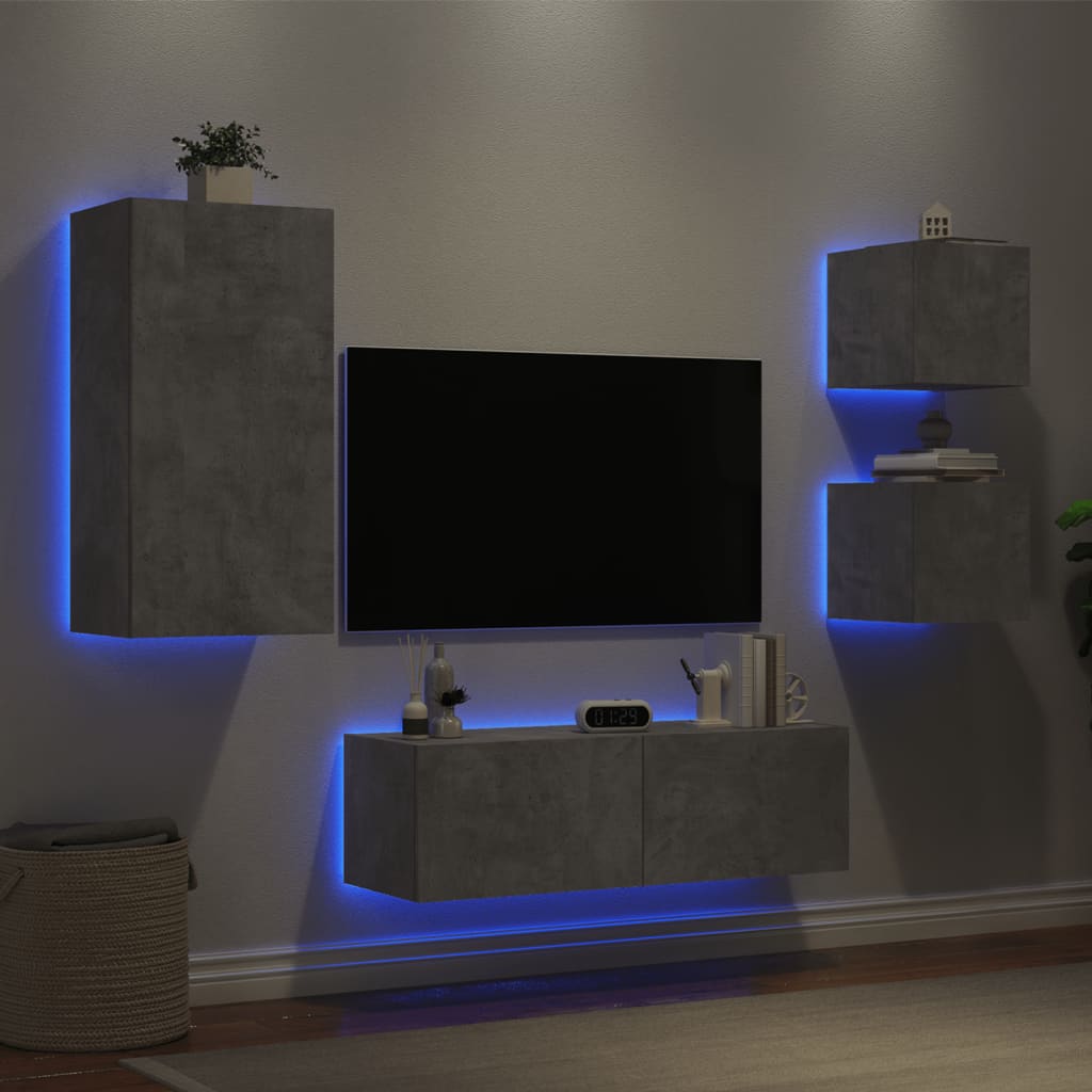 vidaXL 4-tlg. TV-Wohnwand mit LED-Leuchten Betongrau