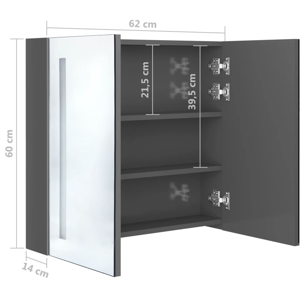 vidaXL LED-Spiegelschrank fürs Bad Glänzend Grau 62x14x60 cm