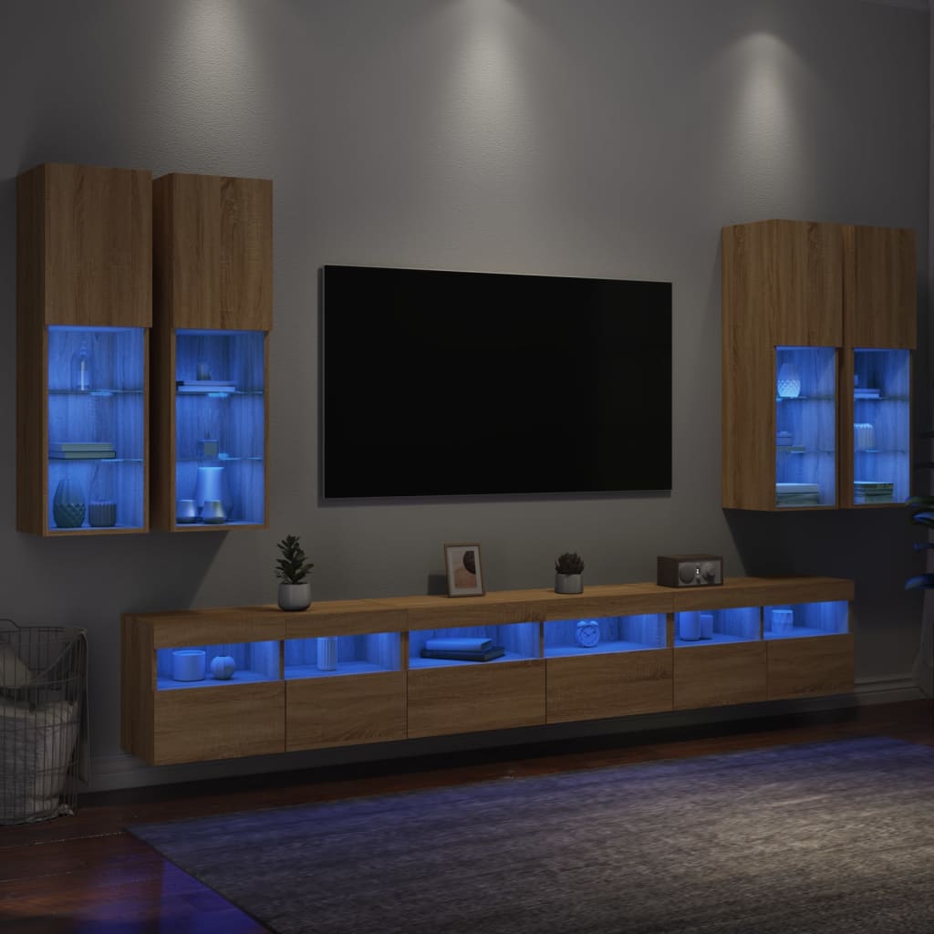 vidaXL 7-tlg. TV-Wohnwand mit LED-Leuchten Sonoma-Eiche