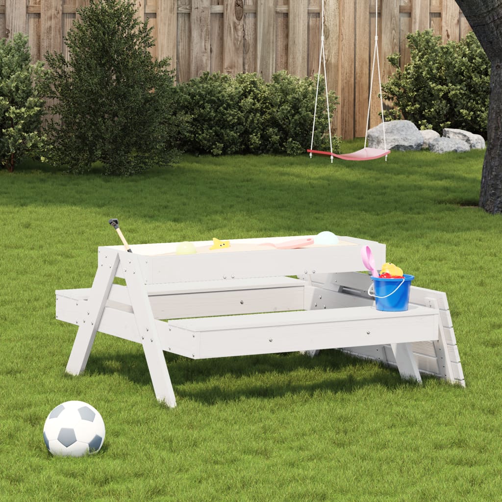 vidaXL Picknicktisch mit Sandkasten für Kinder Weiß Massivholz Kiefer