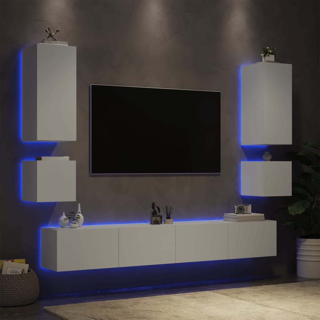 vidaXL 6-tlg. TV-Wohnwand mit LED-Leuchten Weiß