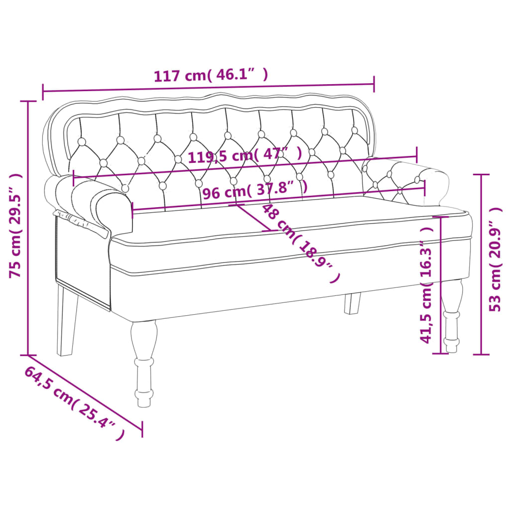 vidaXL Sitzbank mit Rückenlehne Schwarz 119,5x64,5x75 cm Samt