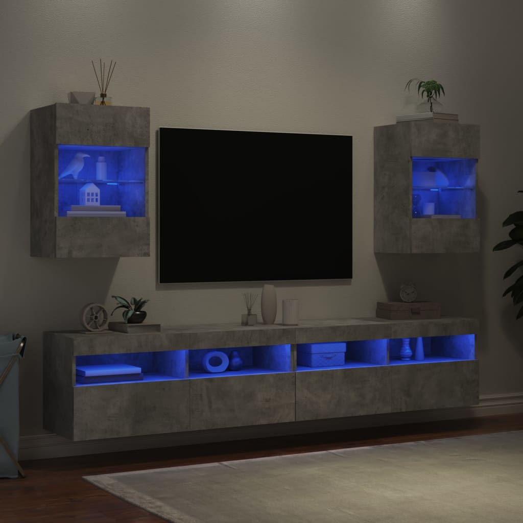 vidaXL TV-Wandschränke mit LED-Leuchten 2 Stk. Betongrau 40x30x60,5 cm