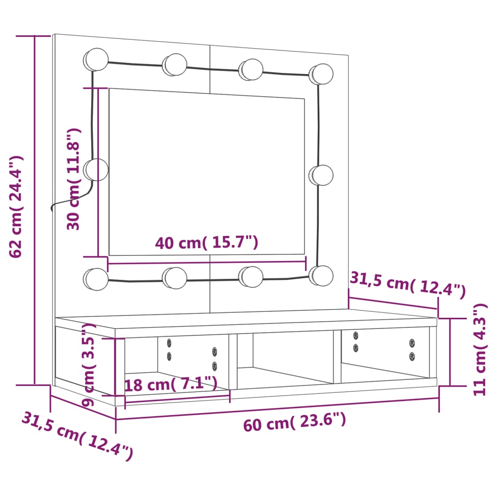 vidaXL Spiegelschrank mit LED Grau Sonoma 60x31,5x62 cm
