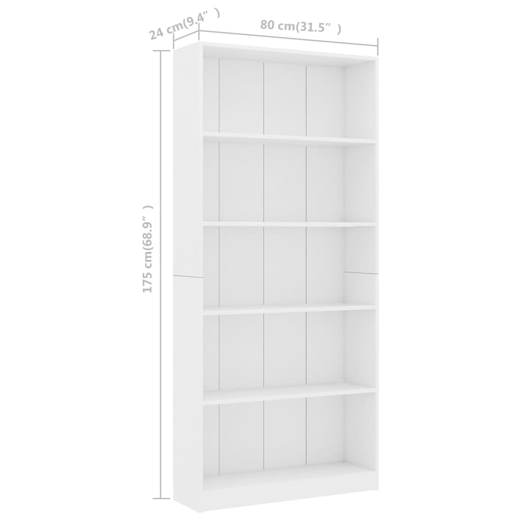 vidaXL Bücherregal 5 Fächer Weiß 80x24x175 cm Holzwerkstoff