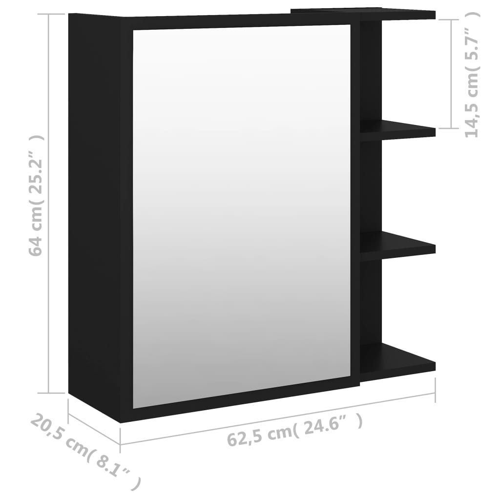 vidaXL Bad-Spiegelschrank Schwarz 62,5x20,5x64 cm Holzwerkstoff
