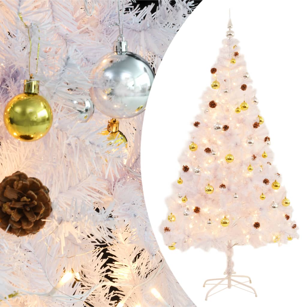 vidaXL Künstlicher Weihnachtsbaum mit Kugeln und LEDs Weiß 210 cm
