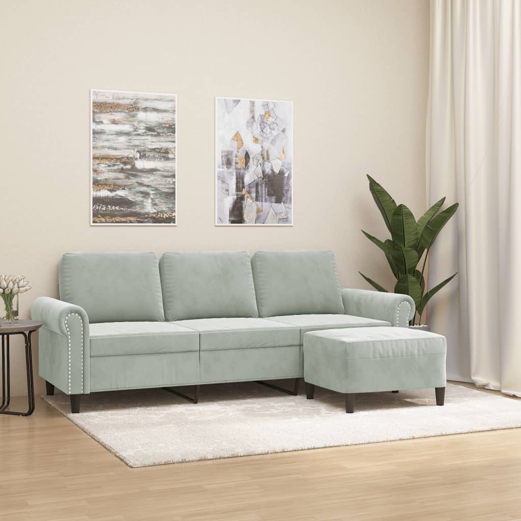 vidaXL 3-Sitzer-Sofa mit Hocker Hellgrau 180 cm Samt
