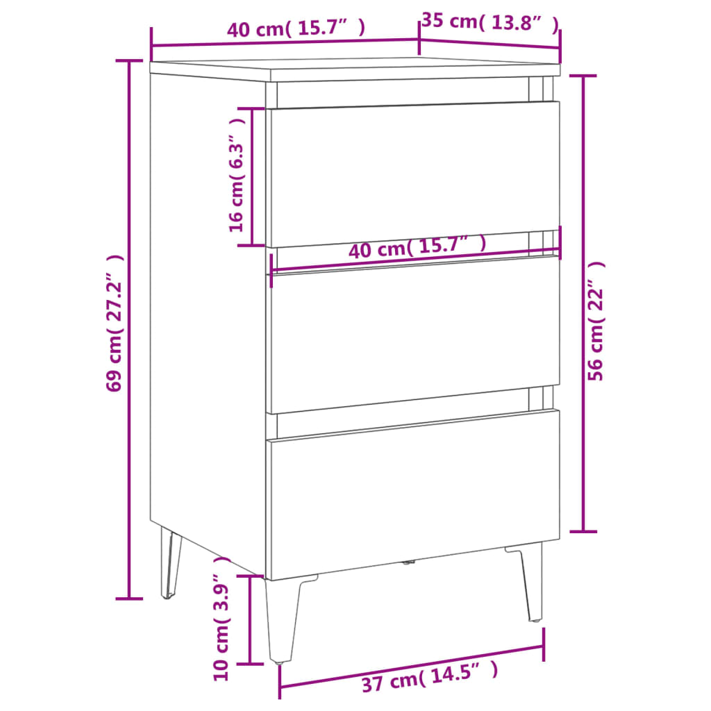 vidaXL Nachttisch mit Metallbeinen Weiß Sonoma-Eiche 40x35x69 cm
