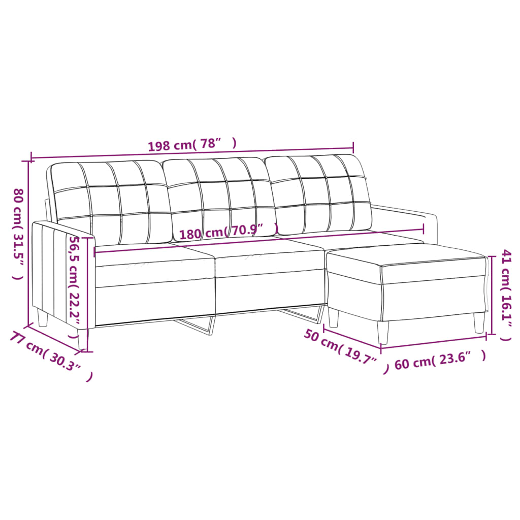vidaXL 3-Sitzer-Sofa mit Hocker Schwarz 180 cm Stoff